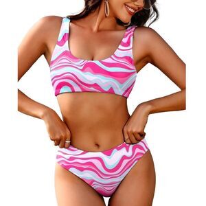 NWT High Waisted Two Piece Sporty Swimsuits High Cut Tummy Control Large